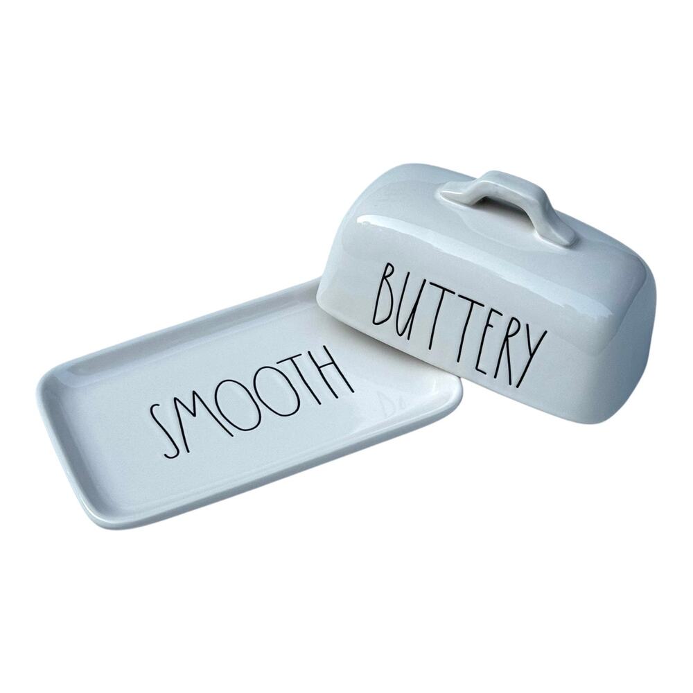 Rae Dunn Buttery Smooth BUTTER DISH White Black Full Stick 8” Plate Lid Ceramic